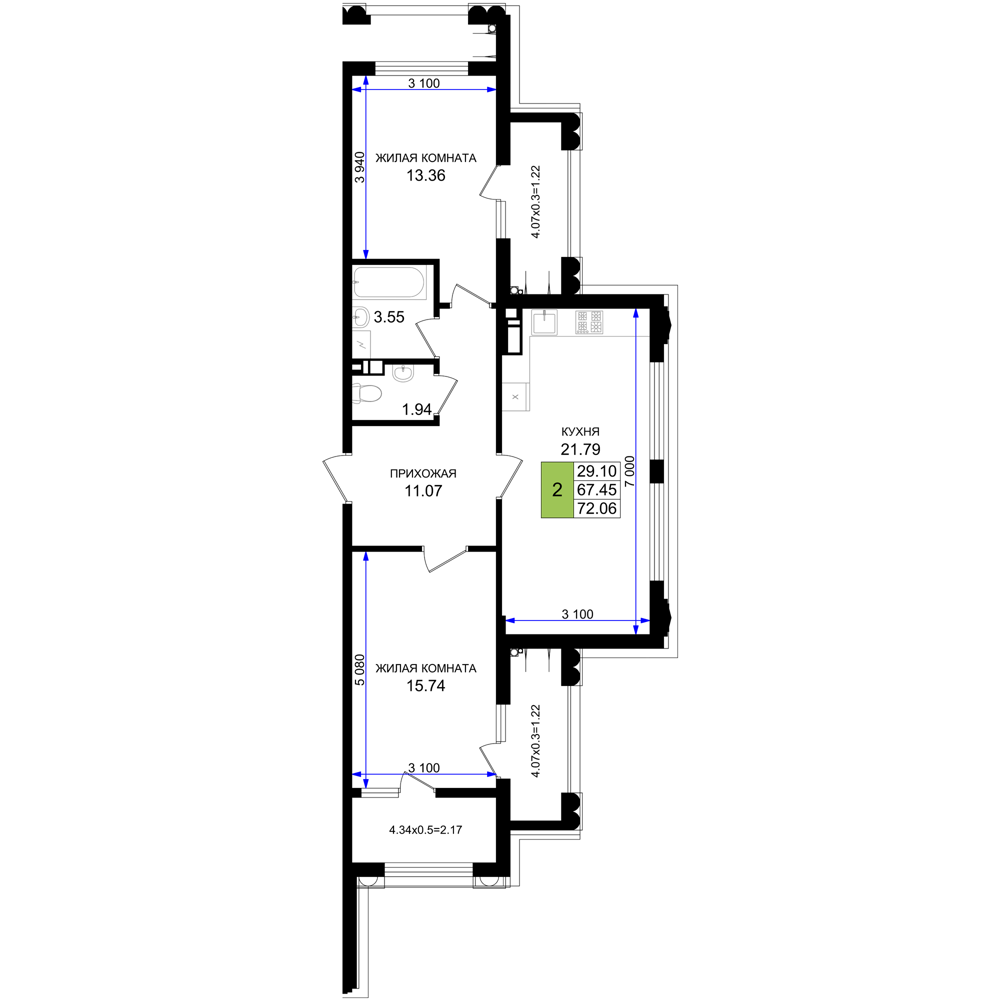 Планировка 2-комнатная 72,06 м²
