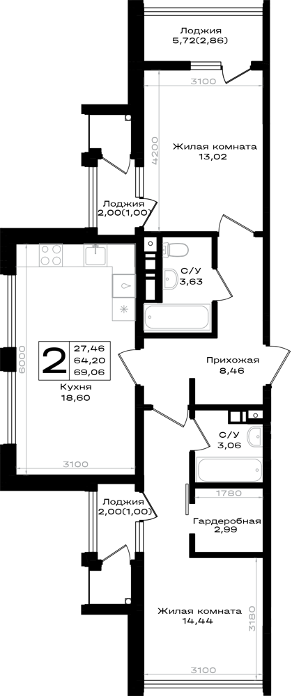 Планировка 2-комнатная 69,06 м²