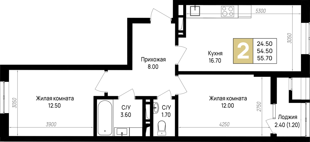 Планировка 2-комнатная 55,7 м²