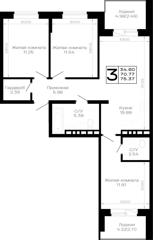 Планировка 3-комнатная 75,37 м²
