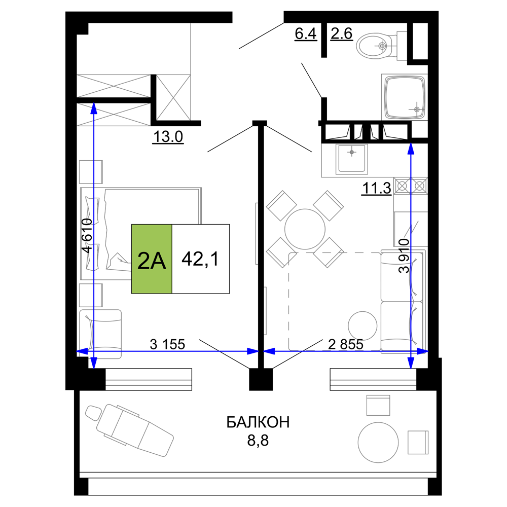 Планировка 2-комнатная 42,1 м²