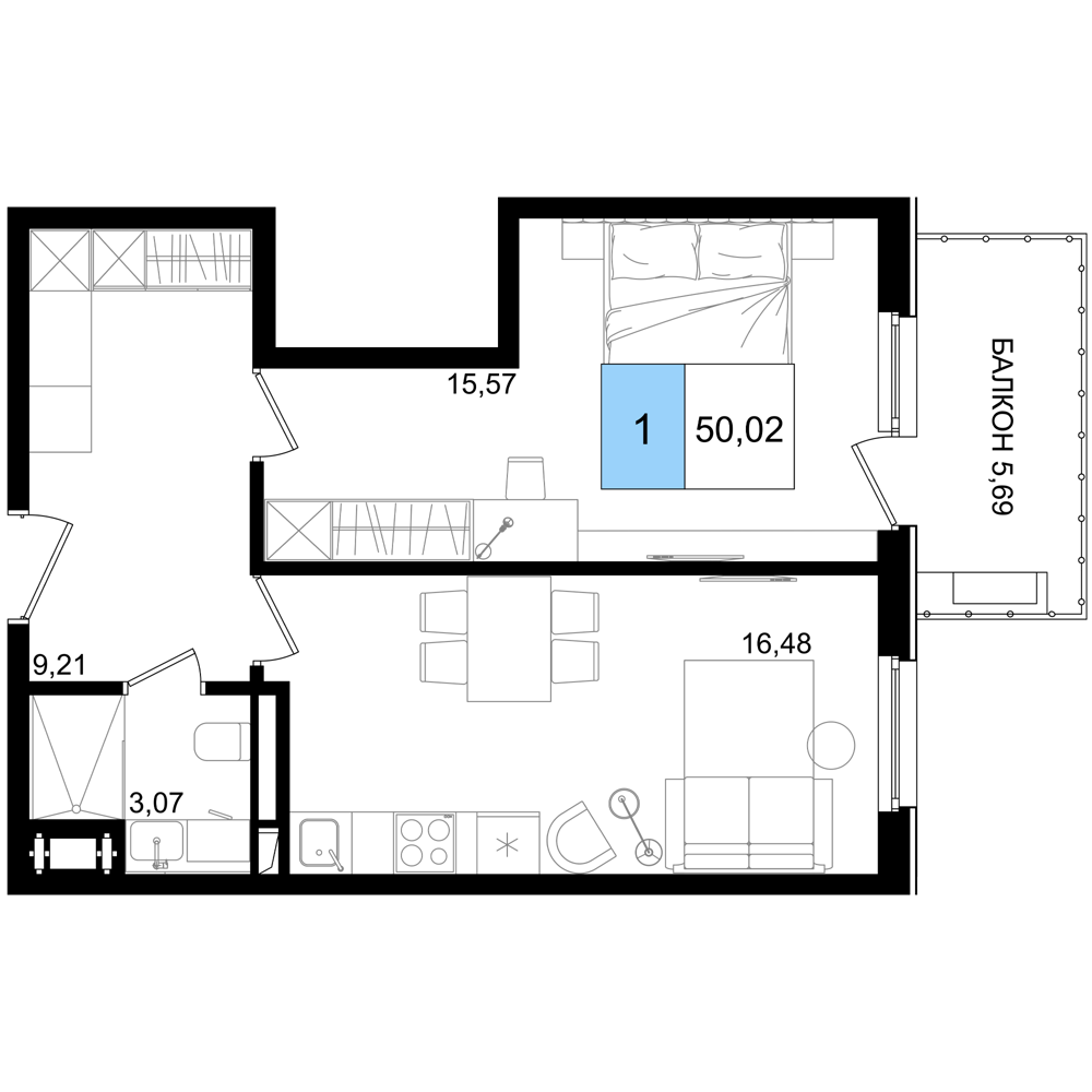Планировка 2-комнатная 50,02 м²