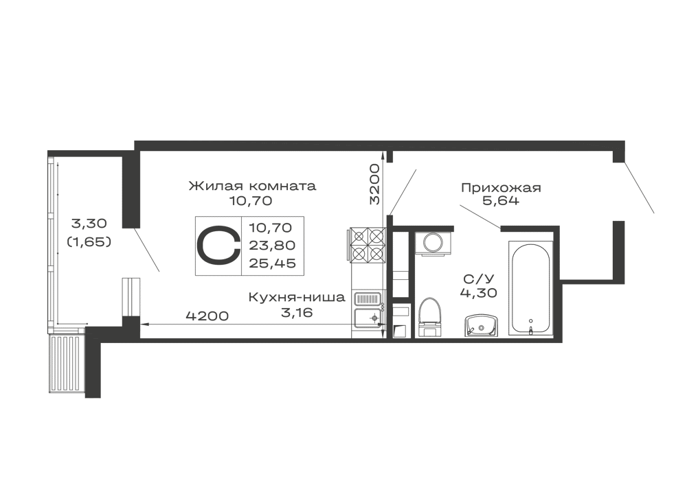 Планировка: Студия 25,5 м²