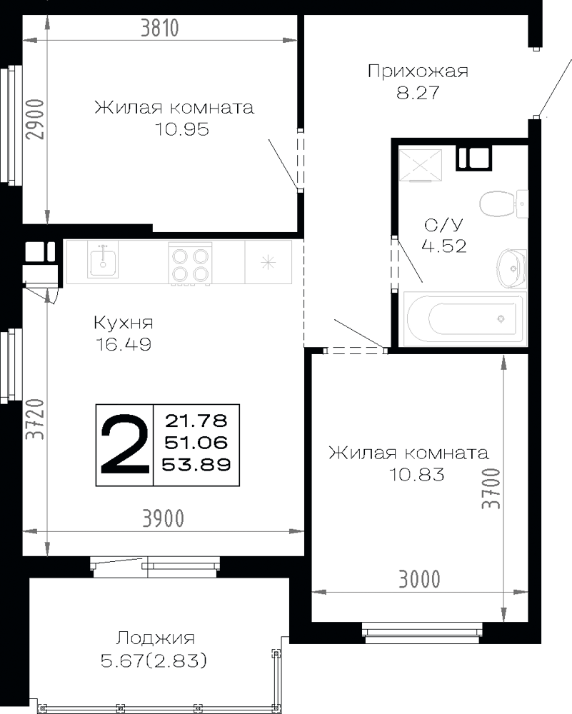 Планировка: 2-комн. квартира 53,9 м²