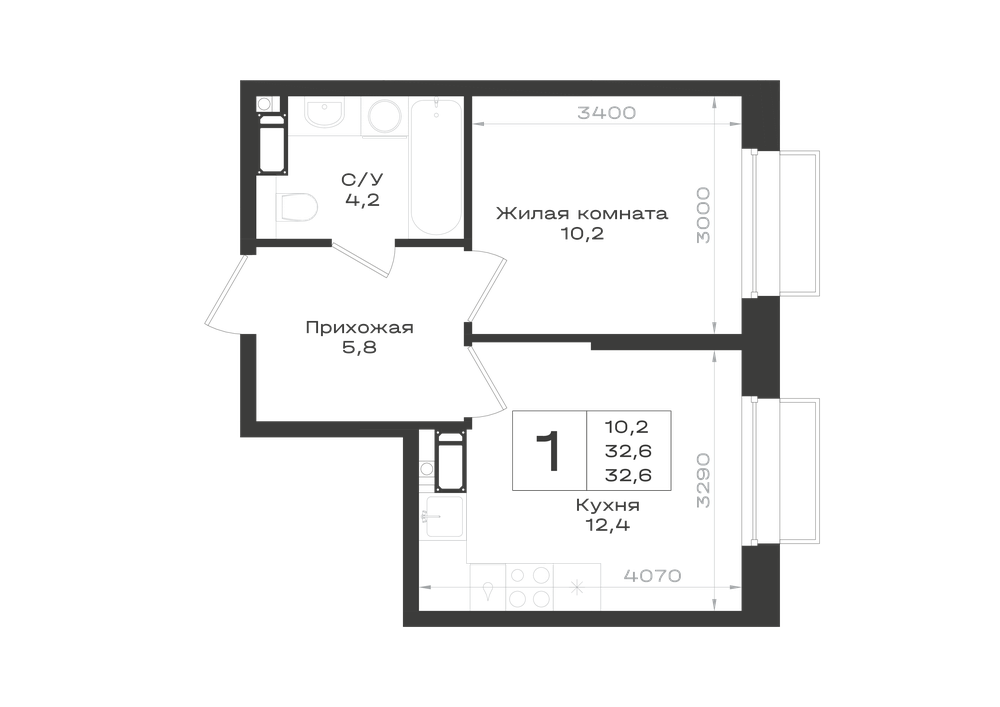 Планировка 1-комнатная 32,6 м²