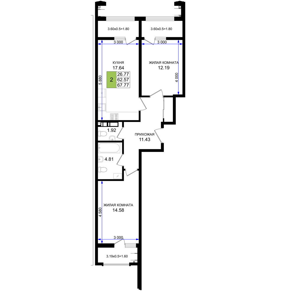 Планировка 2-комнатная 67,77 м²