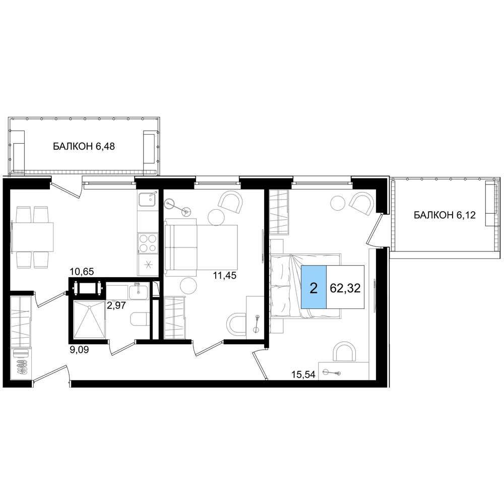 Планировка 3-комнатная 62,32 м²