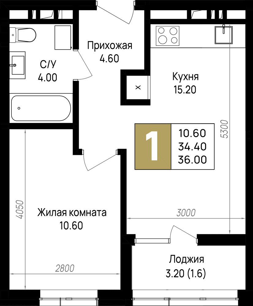 Планировка: 1-комн. квартира 36 м²