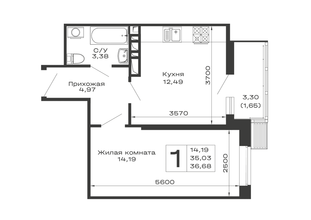 Планировка: 1-комн. квартира 36,7 м²