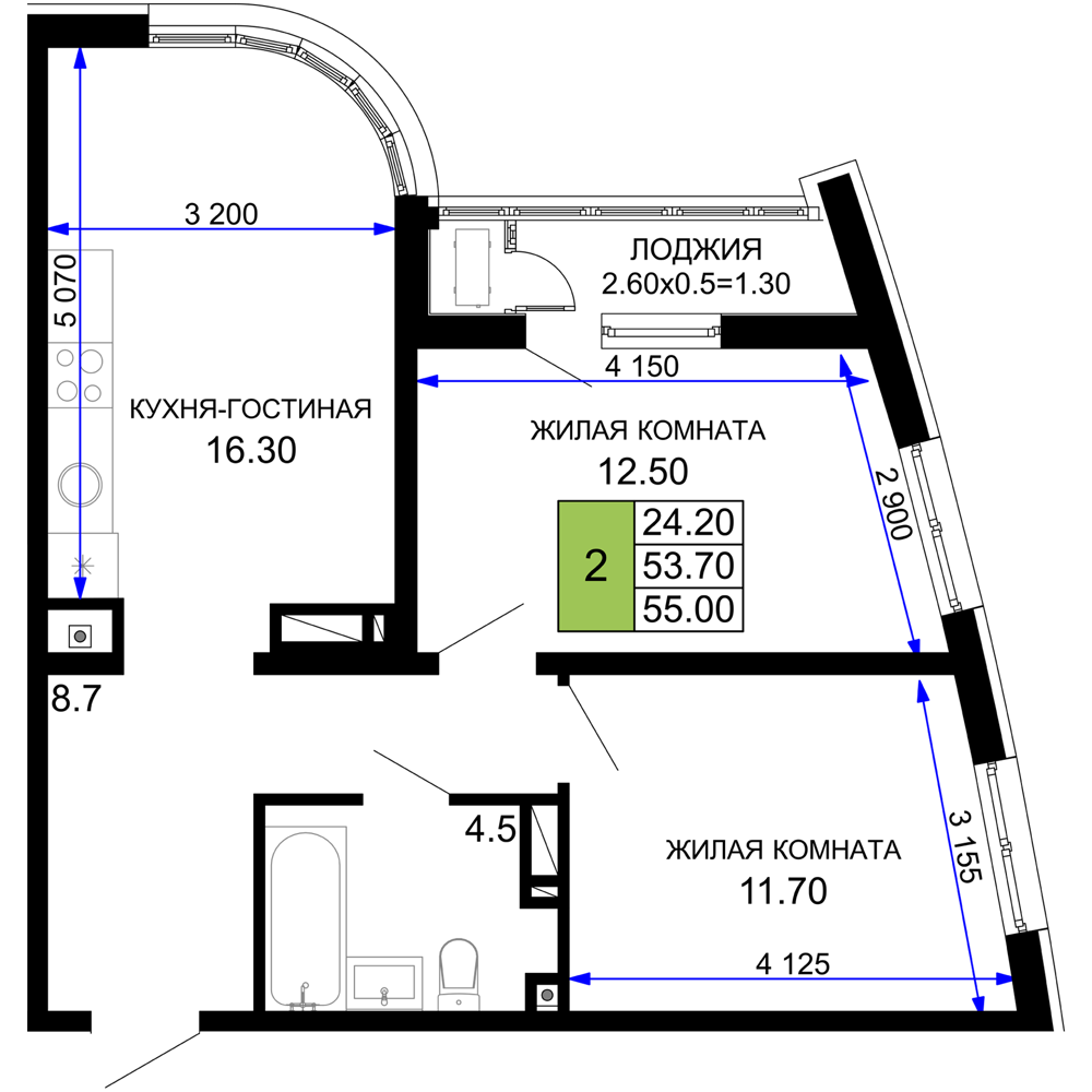 Планировка 2-комнатная 55 м²