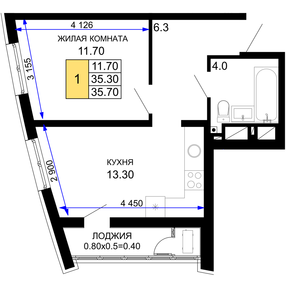 Планировка 1-комнатная 35,7 м²