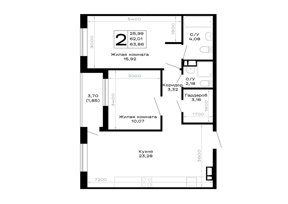 Планировка: 2-комн. квартира 63,9 м²