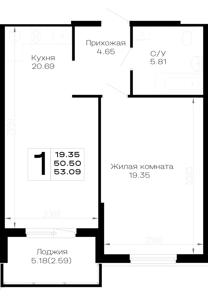 Планировка: 1-комн. квартира 53,1 м²