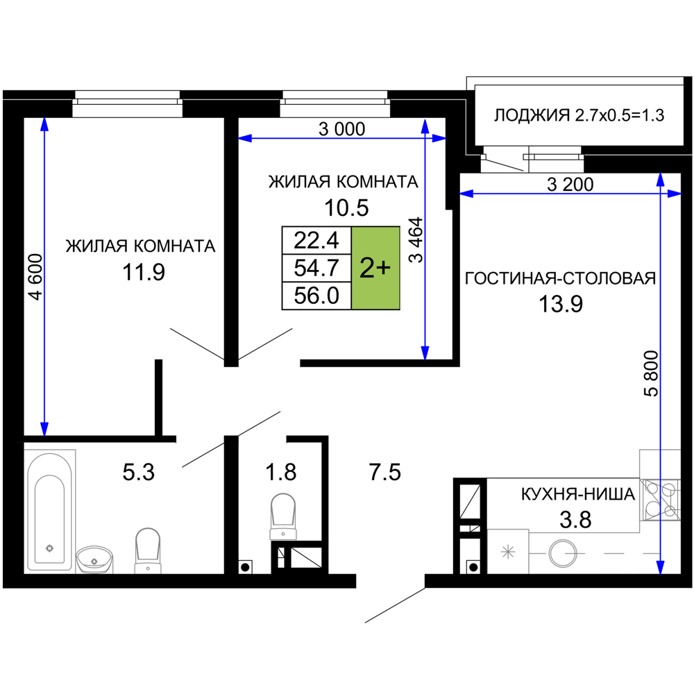 Планировка 2-комнатная 56 м²