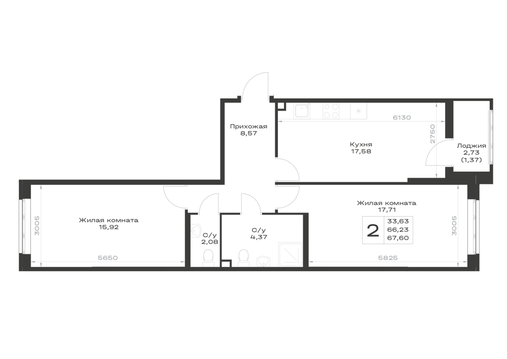 Планировка 2-комнатная 67,6 м²