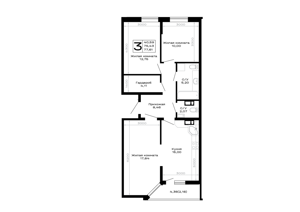 Планировка: 3-комн. квартира 77,6 м²