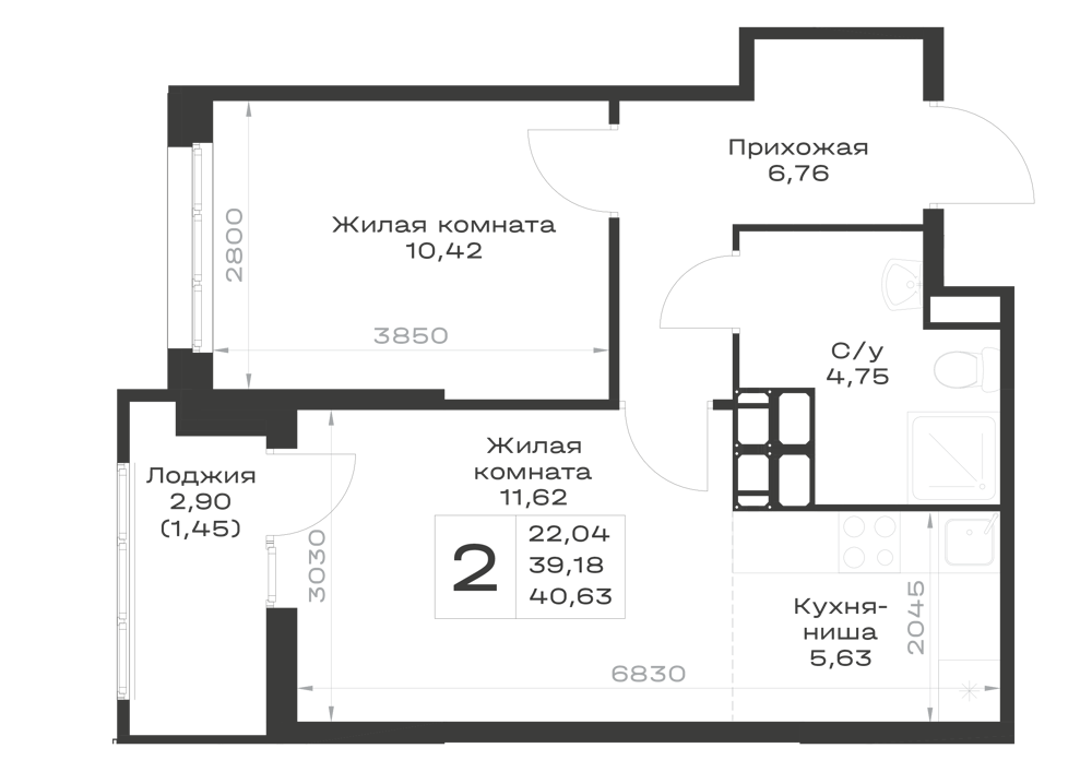 Планировка Студия 40,63 м²