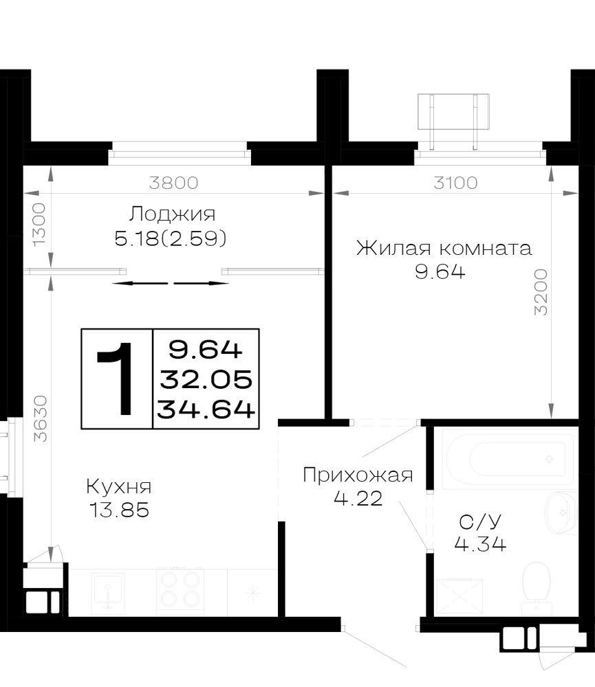 Планировка 1-комнатная 34,64 м²