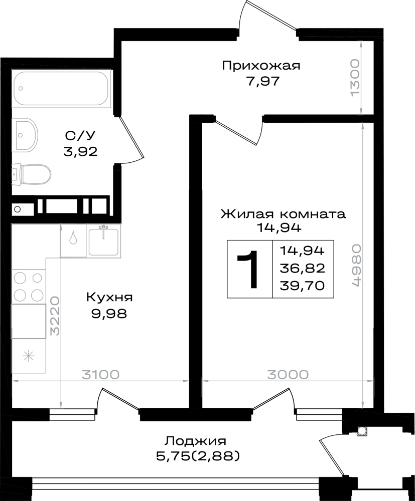 Планировка 1-комнатная 39,7 м²