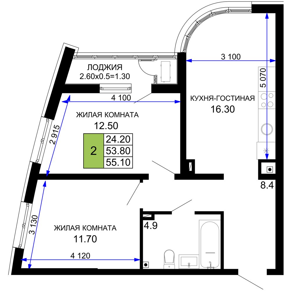 Планировка 2-комнатная 55,1 м²