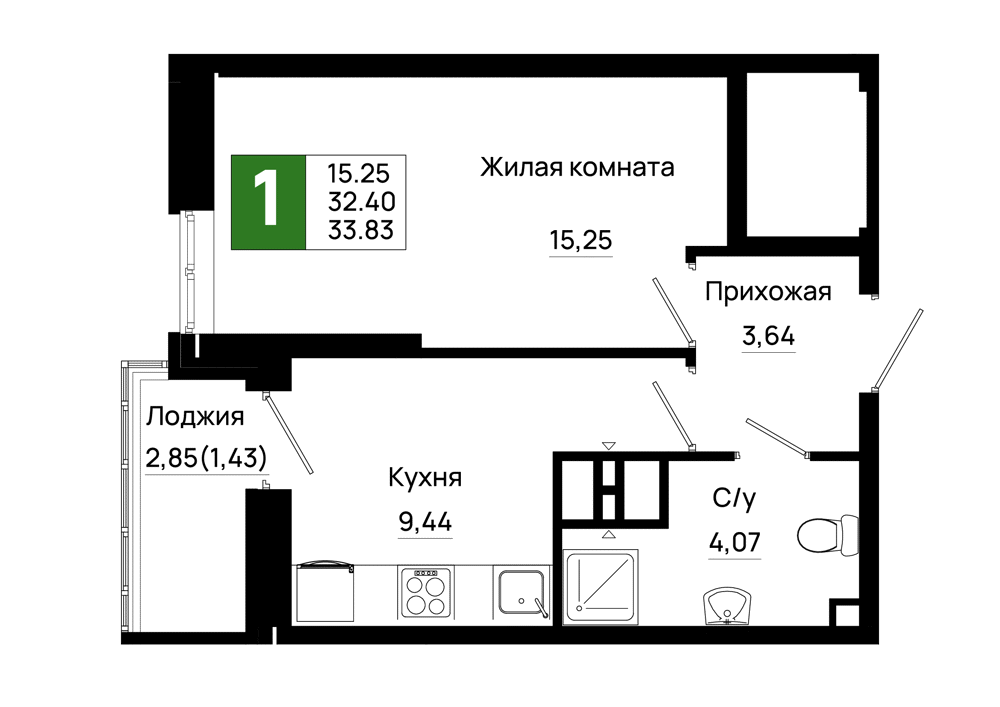 Планировка 1-комнатная 33,83 м²