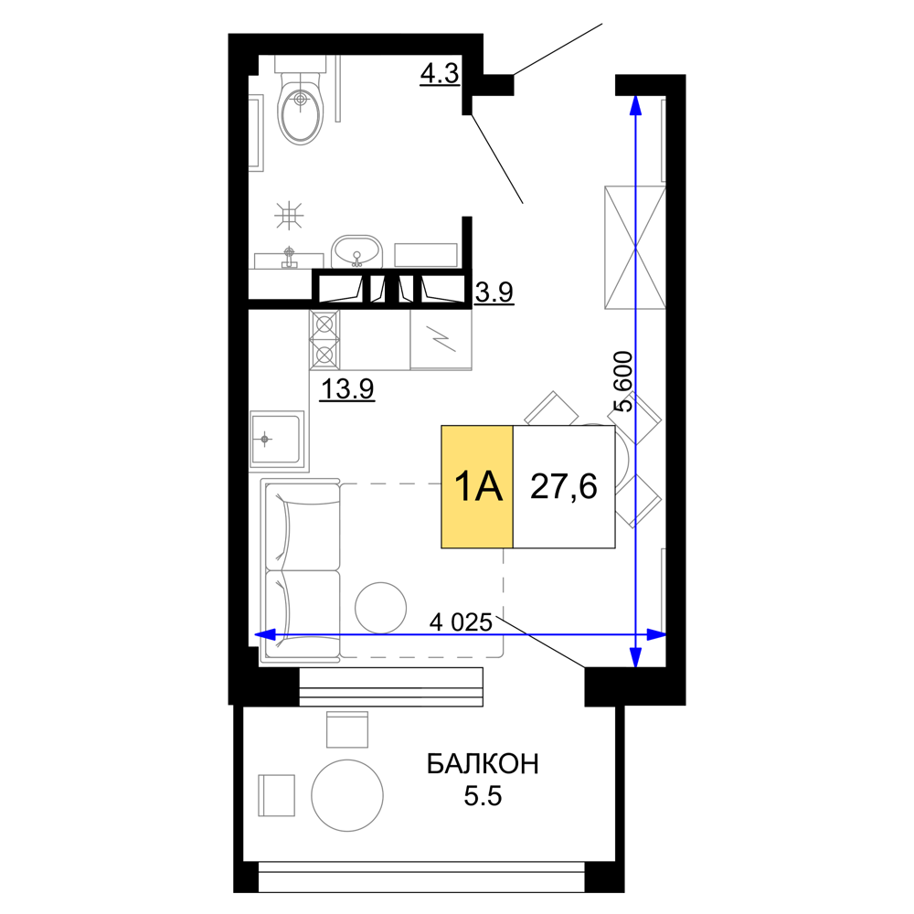 Планировка 1-комнатная 27,6 м²