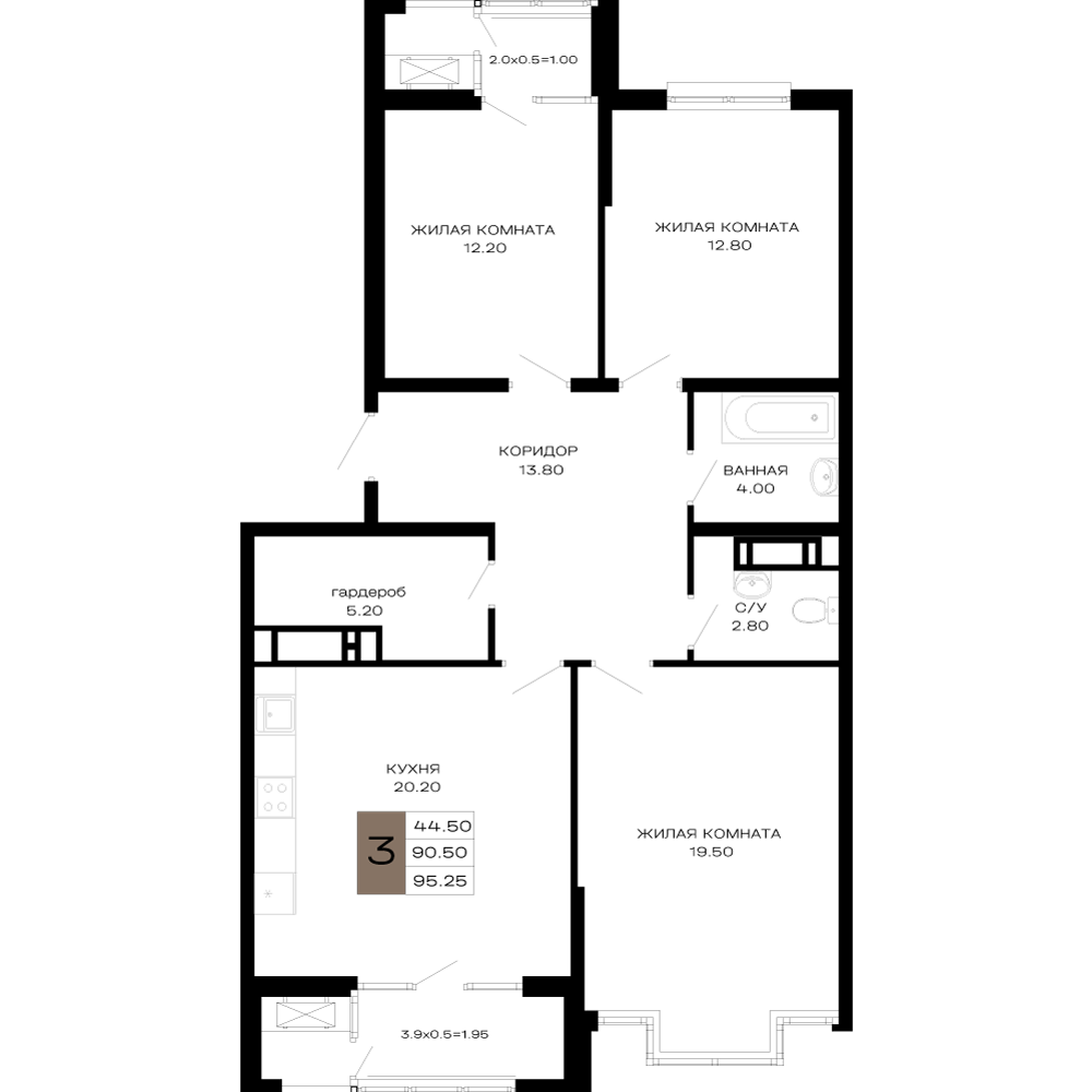 Планировка 3-комнатная 94,36 м²