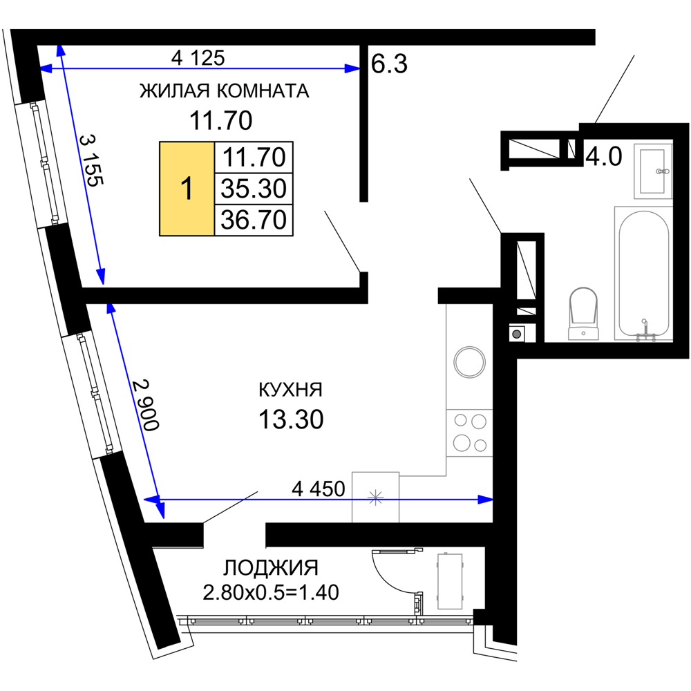 Планировка 1-комнатная 36,7 м²