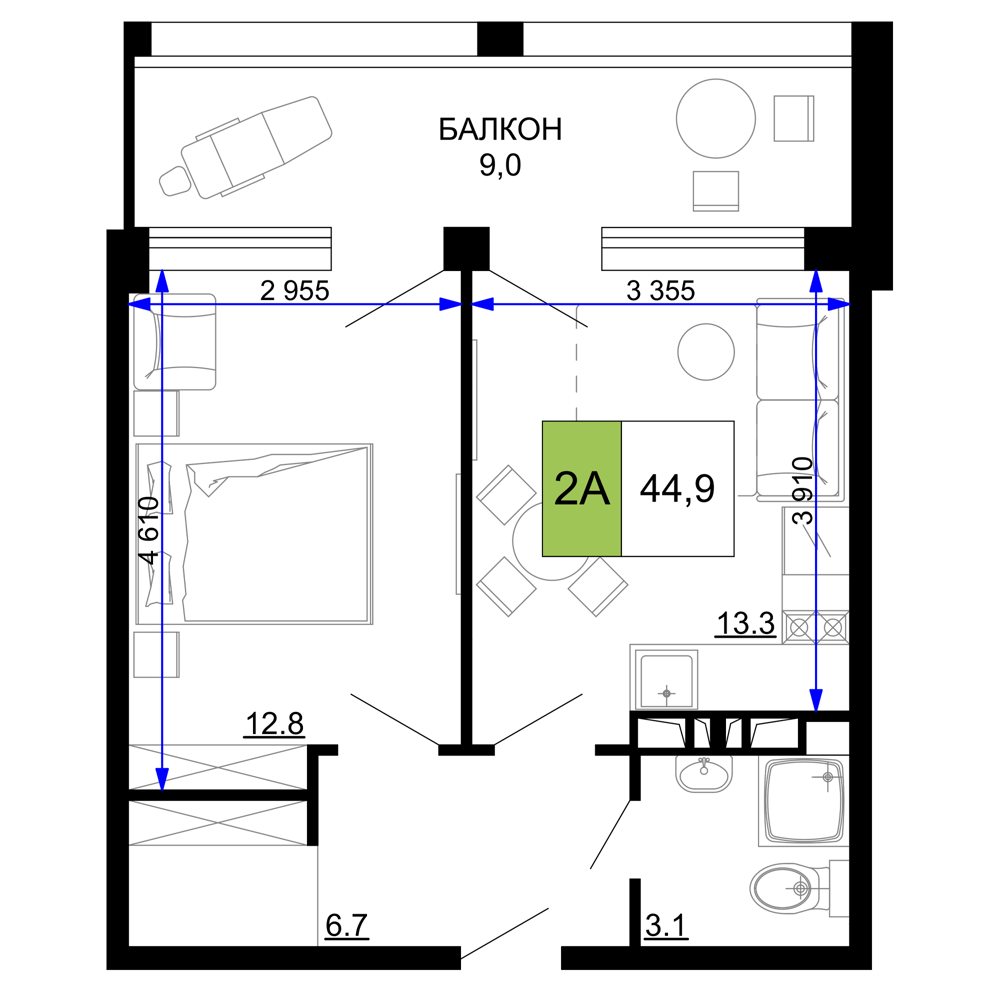 Планировка 2-комнатная 44,9 м²