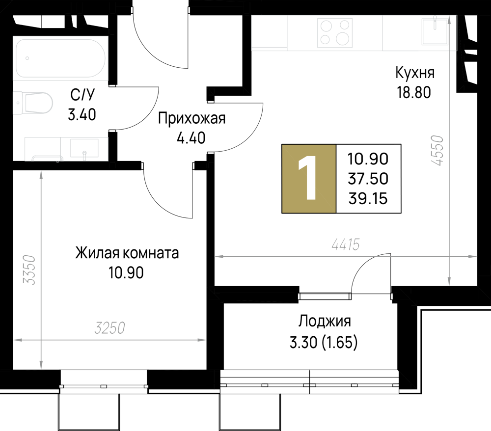Планировка 1-комнатная 35,75 м²