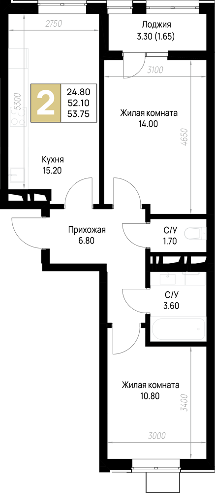 Планировка 2-комнатная 53 м²