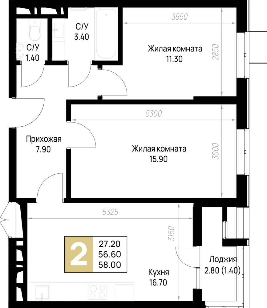 Планировка 1-комнатная 34,55 м²