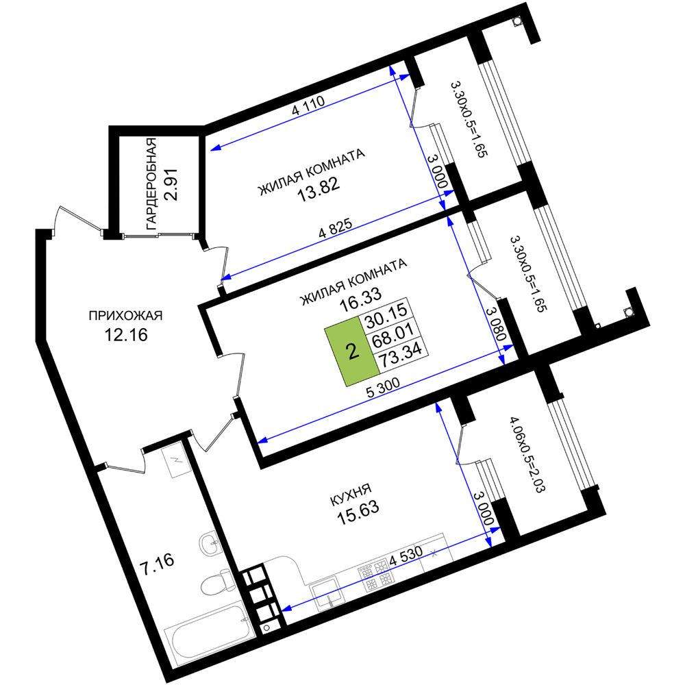 Планировка 2-комнатная 73,34 м²