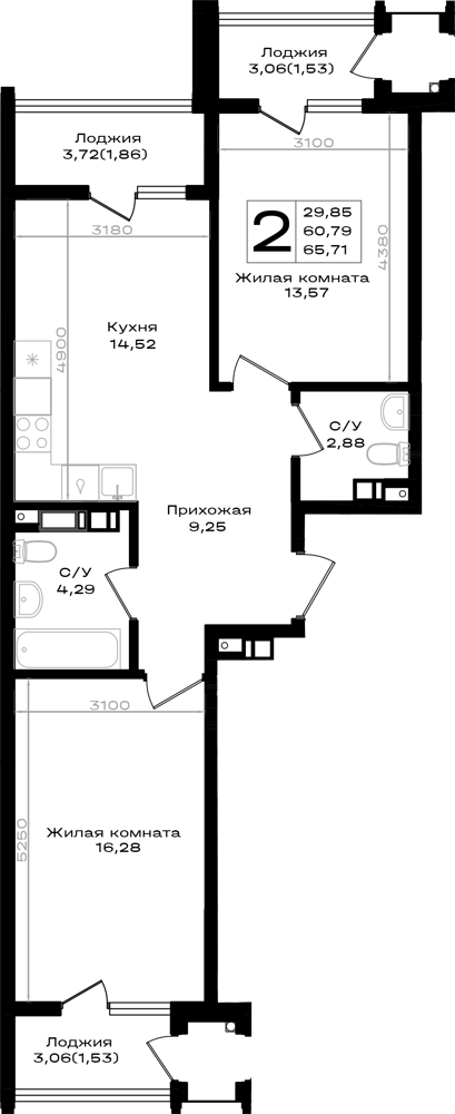 Планировка 2-комнатная 65,71 м²