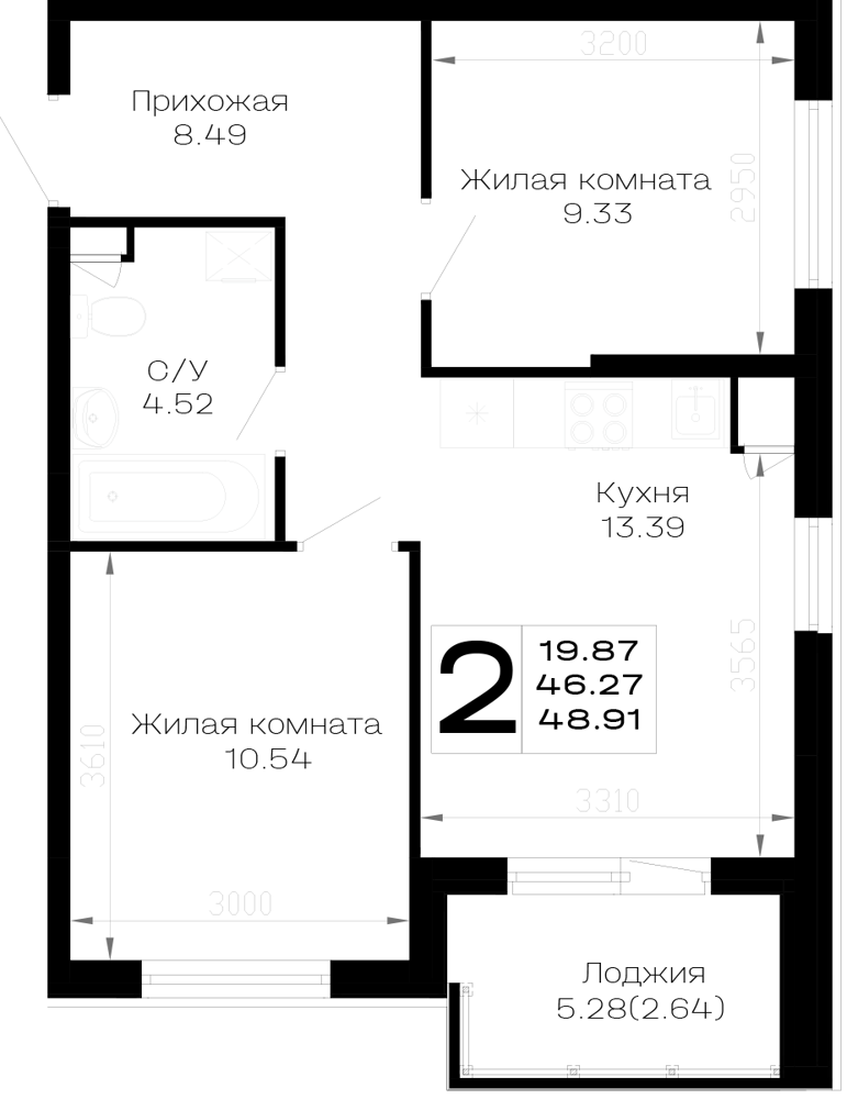 Планировка: 2-комн. квартира 48,9 м²
