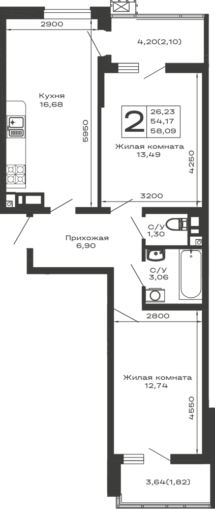 Планировка: 2-комн. квартира 58,1 м²