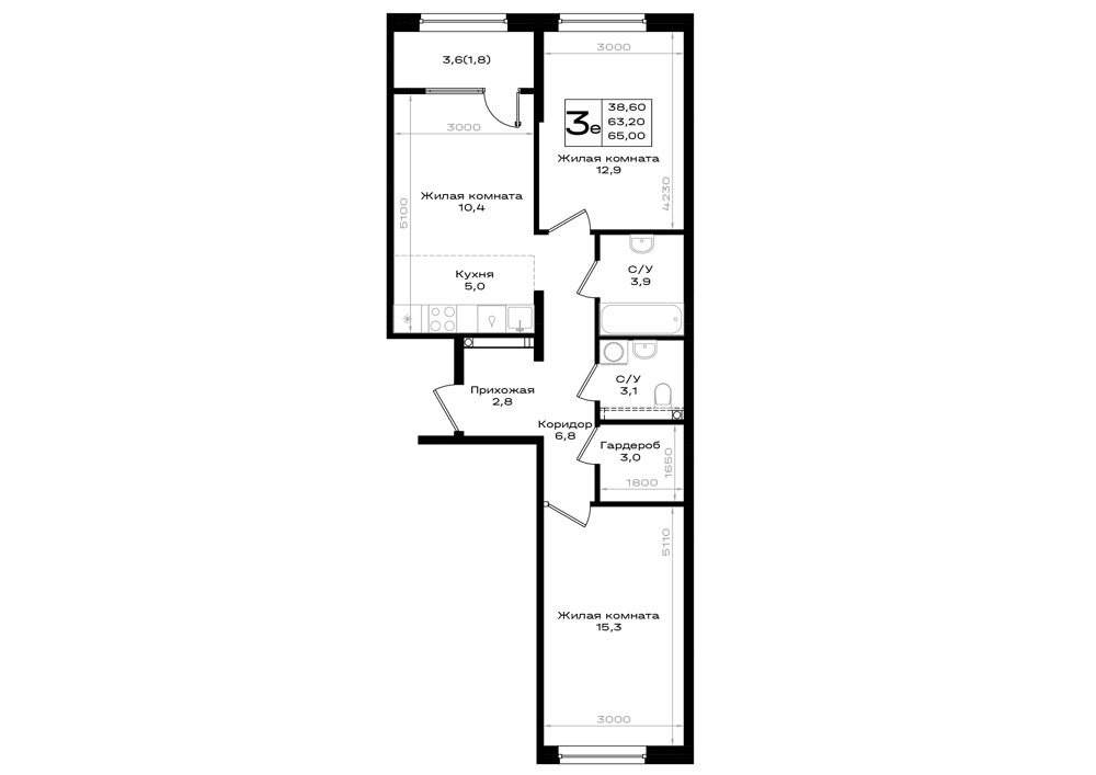 Планировка 3-комнатная 65 м²