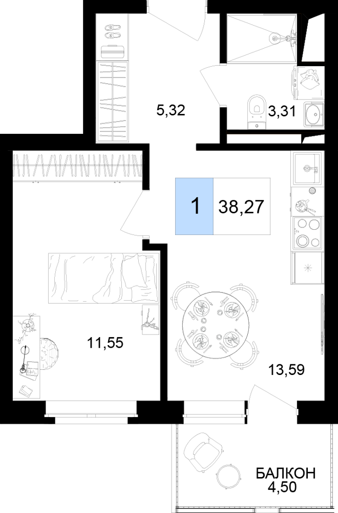 Планировка 2-комнатная 38,27 м²