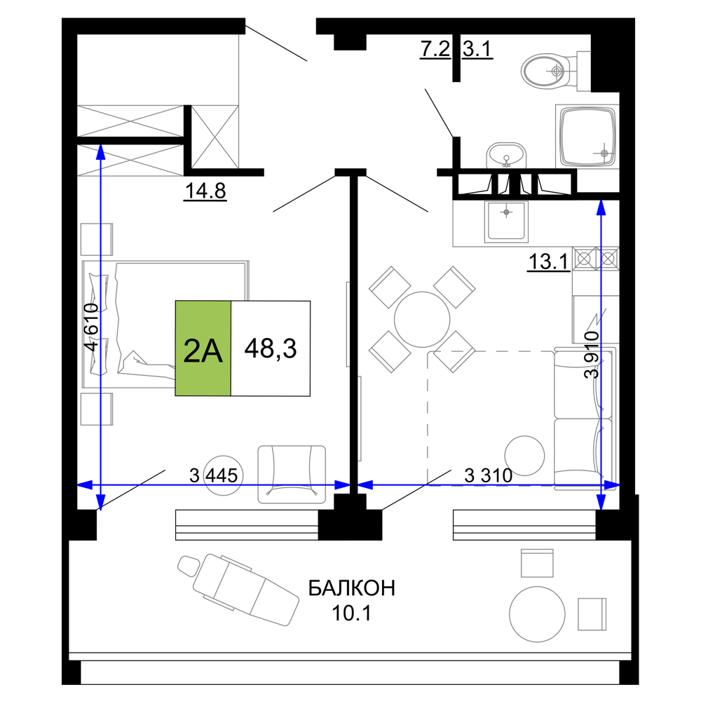 Планировка 2-комнатная 48,3 м²