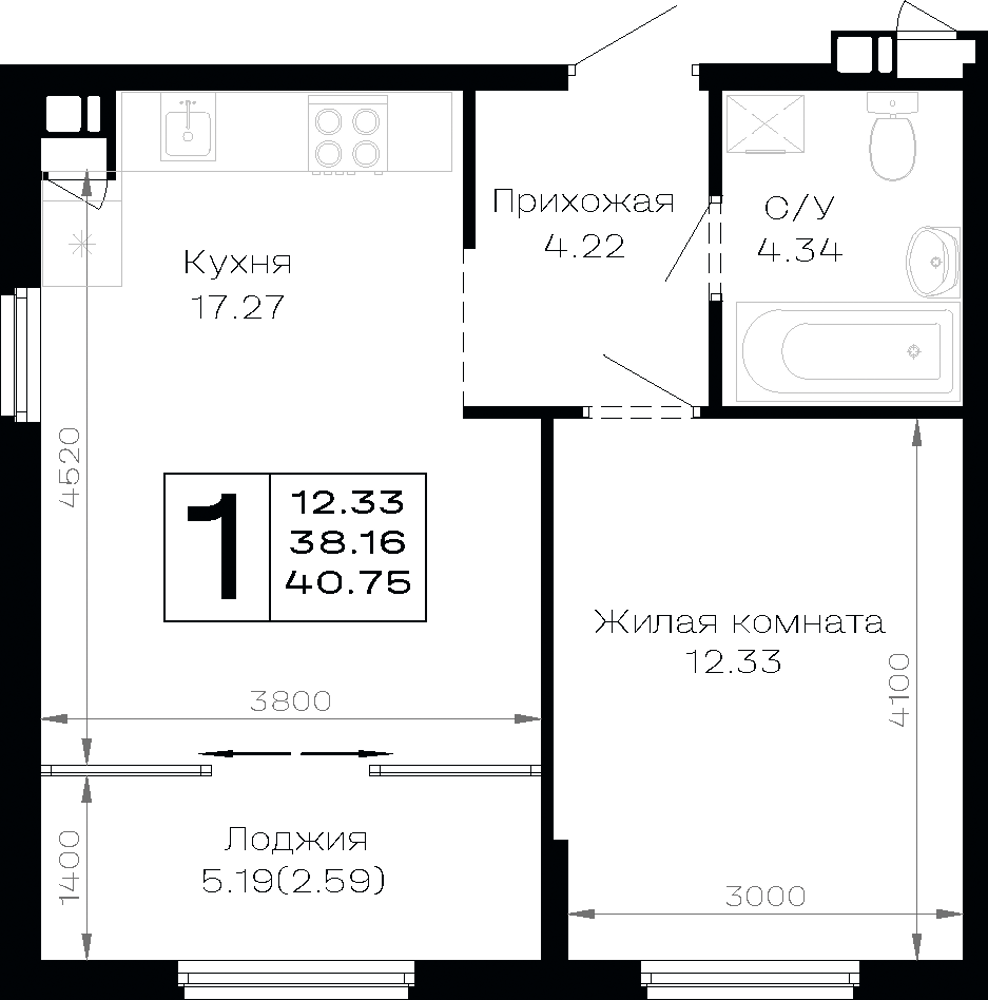 Планировка: 1-комн. квартира 40,8 м²