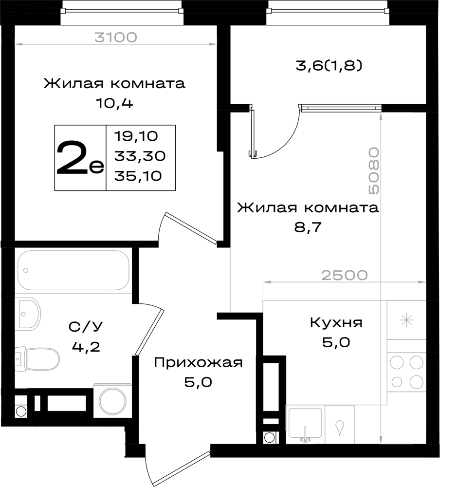 Планировка 2-комнатная 35,1 м²