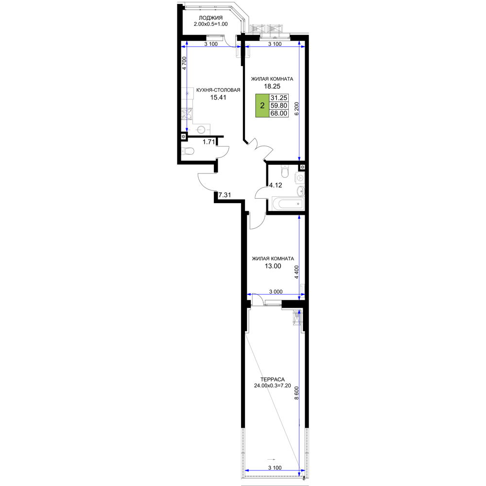 Планировка 2-комнатная 68 м²