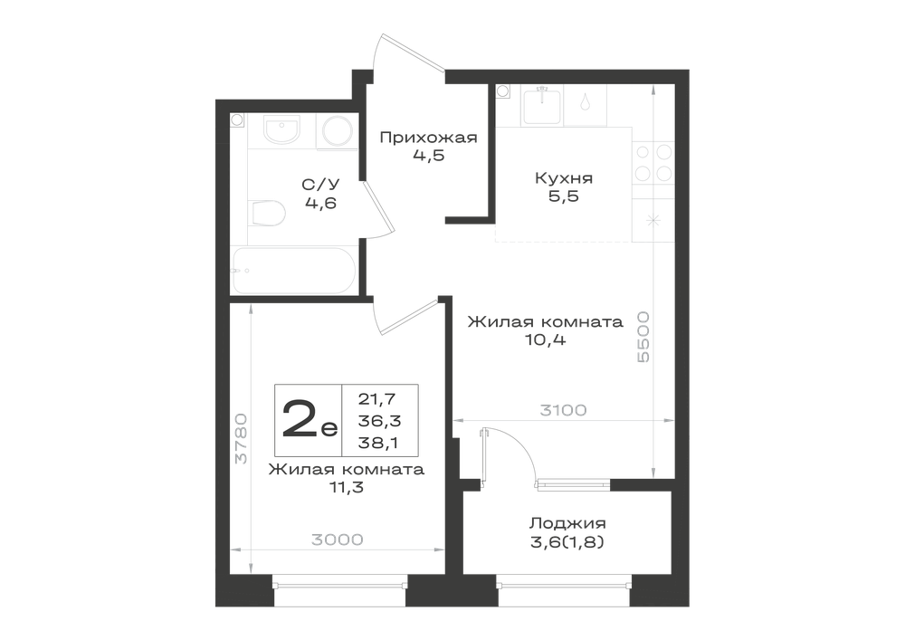 Планировка 2-комнатная 38,1 м²