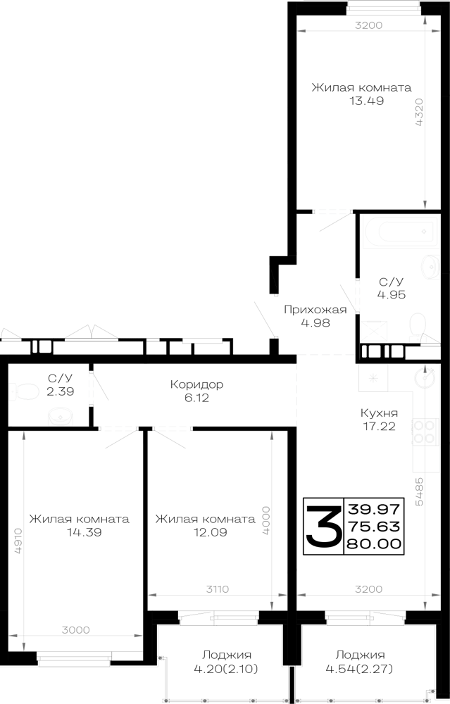 Планировка 3-комнатная 80 м²