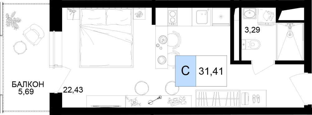Планировка 1-комнатная 31,41 м²