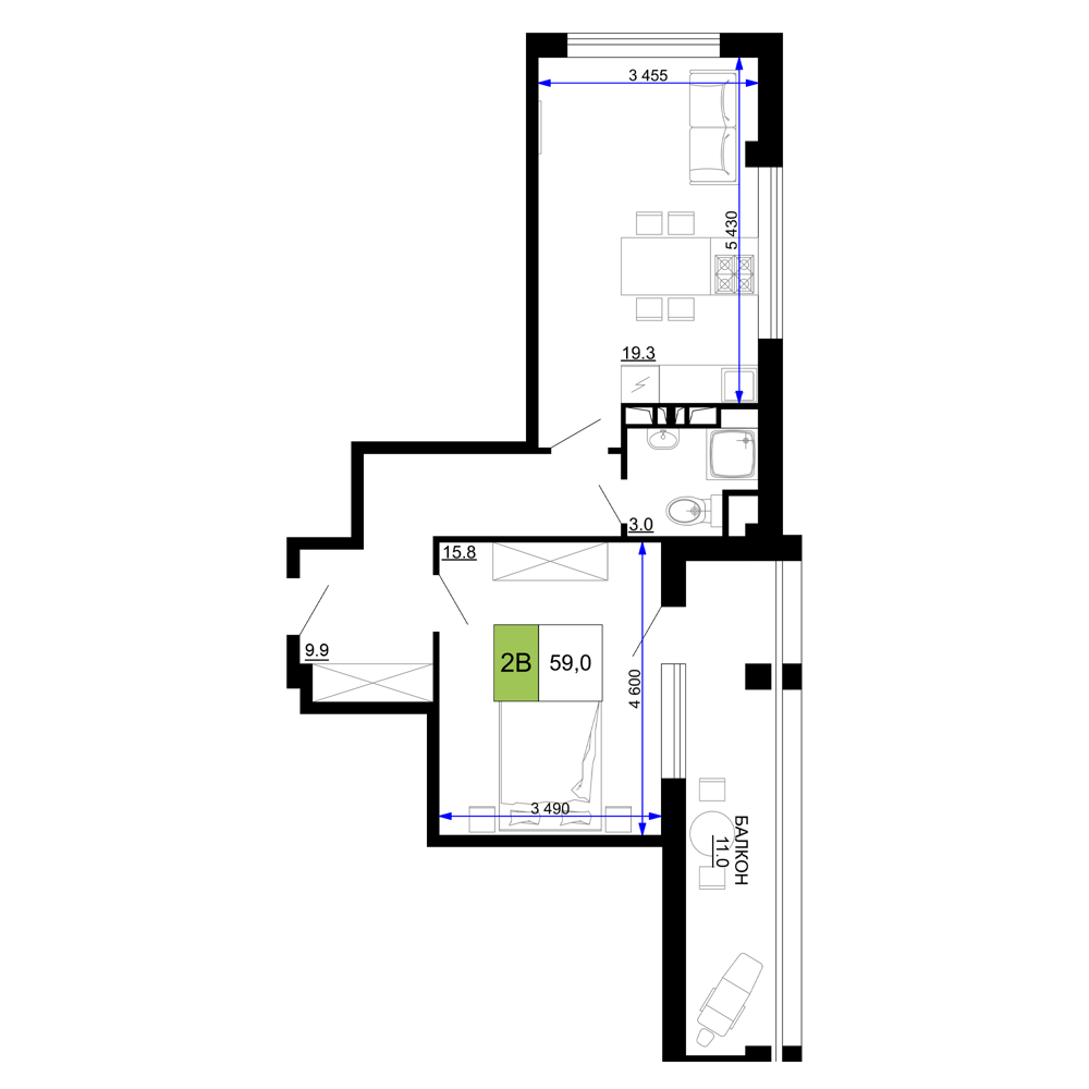 Планировка 2-комнатная 59 м²