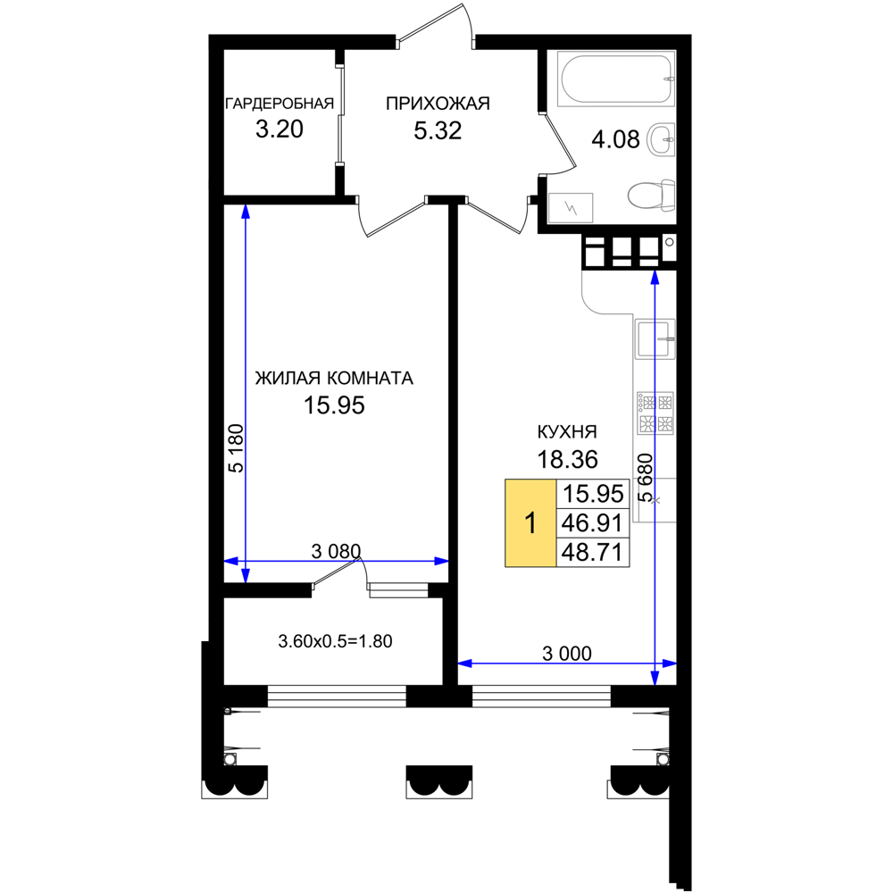 Планировка 1-комнатная 48,71 м²