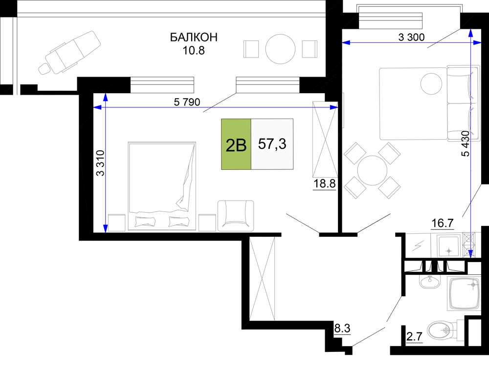 Планировка 2-комнатная 57,3 м²