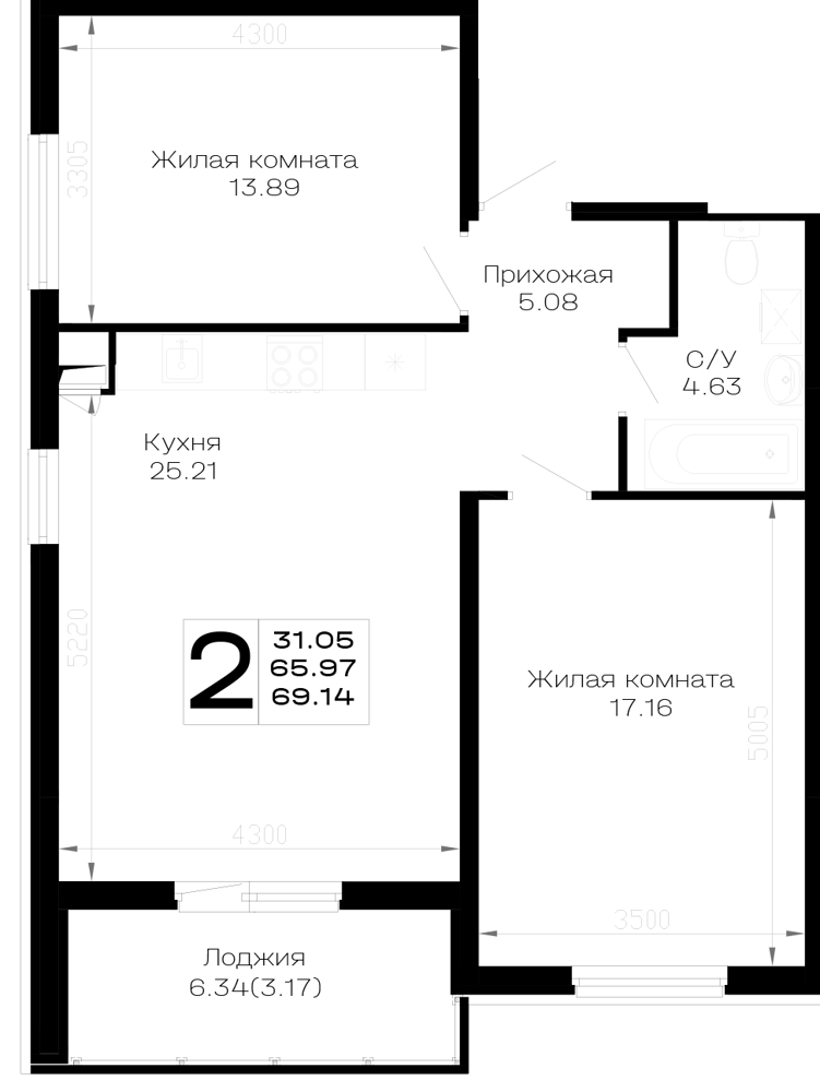 Планировка: 2-комн. квартира 69,1 м²