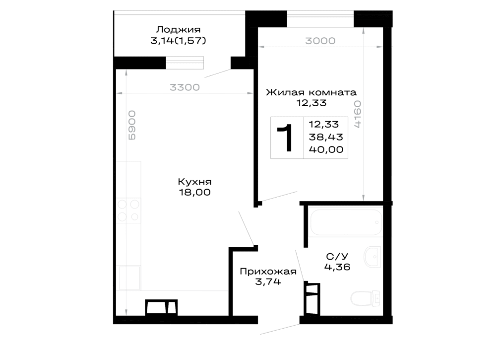 Планировка: 1-комн. квартира 40 м²